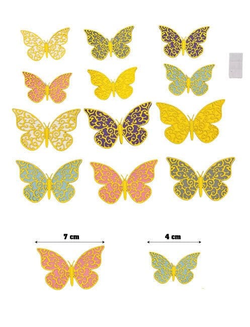 Kağıt Kelebek Dekor Süs 3D 12 Parça Sarı Kenarlı